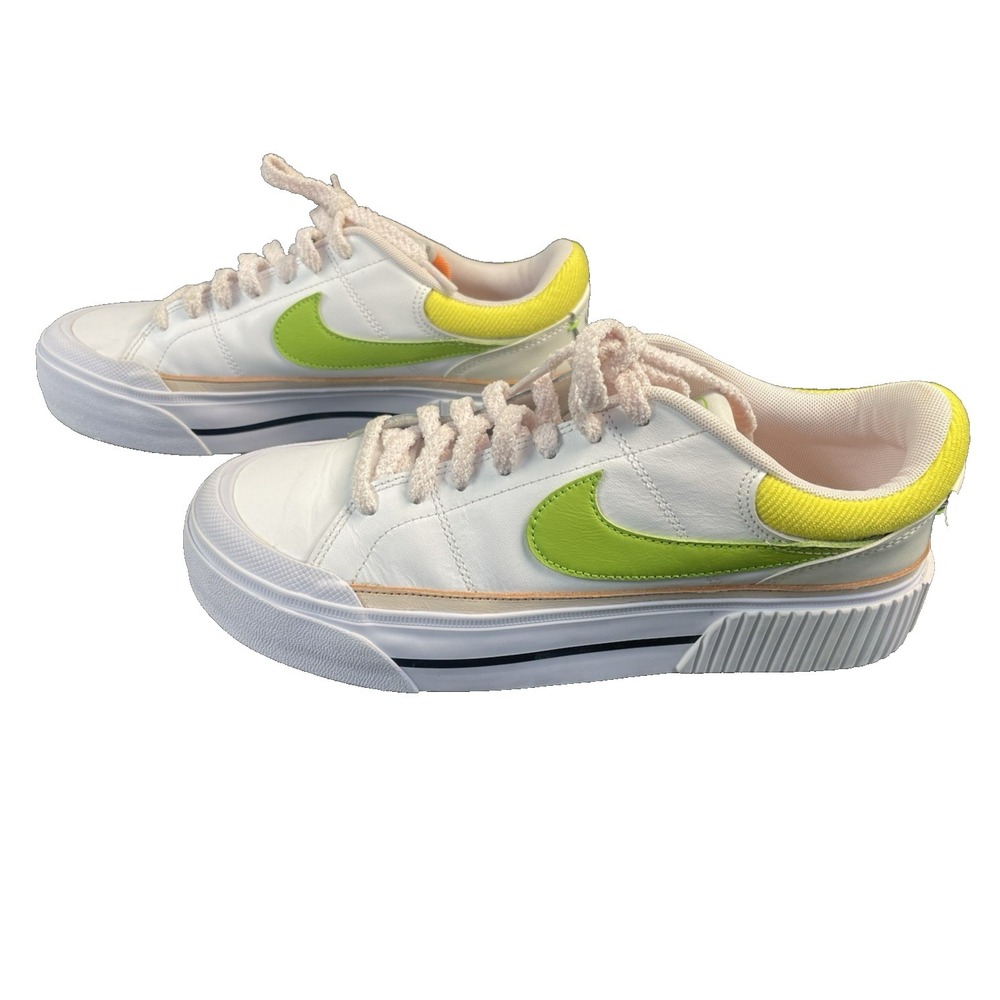 Nike White Sneakers with Lime Green Swoosh and Yellow Collar